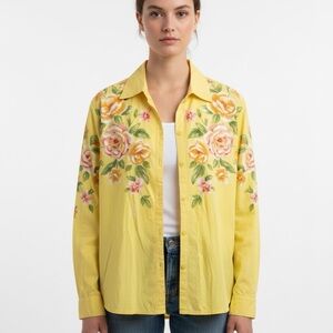 Together Bright Yellow Cotton Shirt Button Down Long Sleeve Floral Pattern